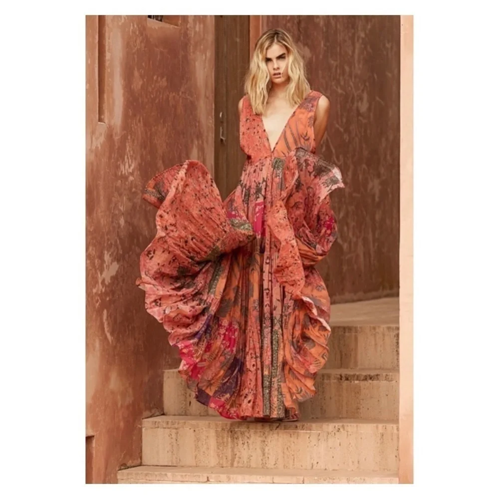 Mes Demoiselles Bonnie Floral Maxi Dress Deep V Boho Multicolor 38